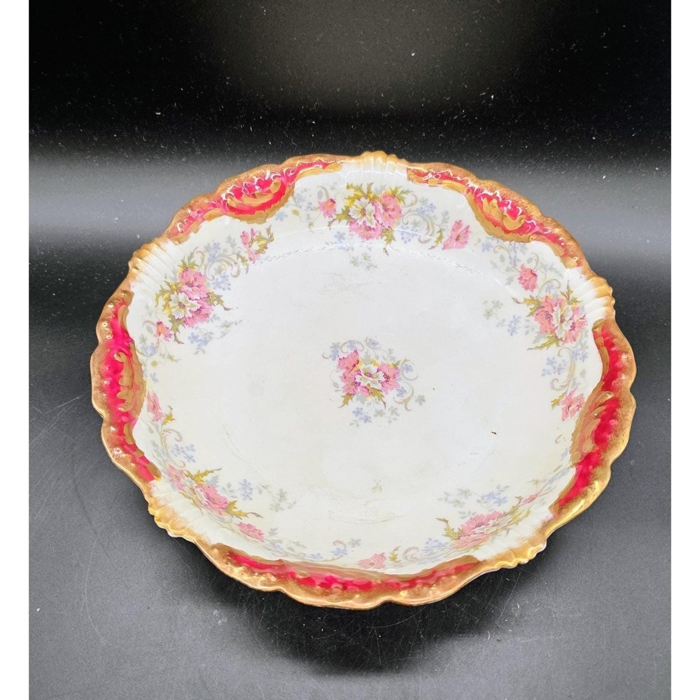 Antique L.S. & S Limoges Hand Painted Round Serving Bowl 9" France Flower Floral